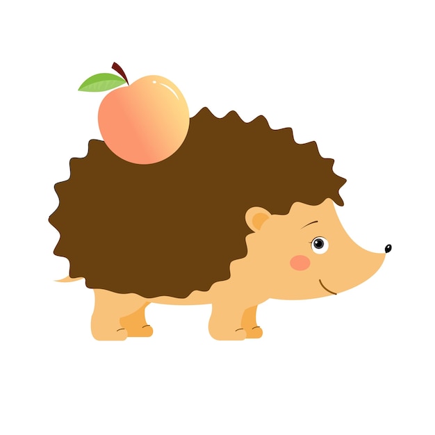 Funny hedgehog with apple, illustration for children. Design element for baby shower card, scrapbooking, invitation, childish accessories. Isolated on white background. Vector illustration.