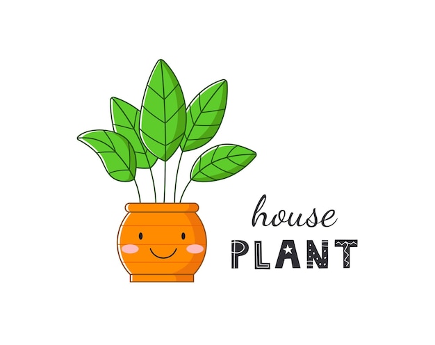 Funny home plant in pot with text Cartoon cute floral character Vector illustration