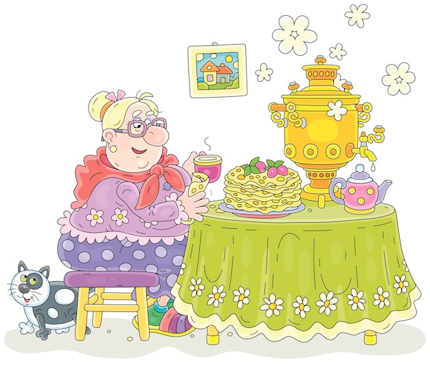 Funny housewife sitting at her kitchen table with a samovar and drinking tea with tasty pancakes