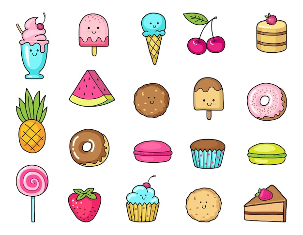 Funny icons of sweets fruit and ice cream Donuts cupcakes cakes and cookies