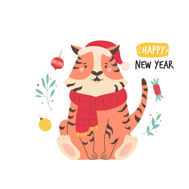 Funny illustration with a happy tiger in hat and scarf.