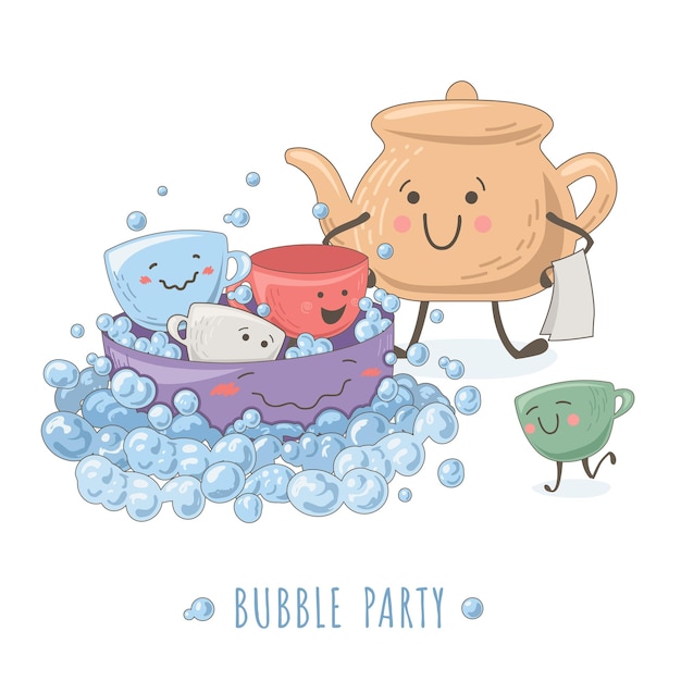 Funny illustration with teapot, cups surrounded by bubbles