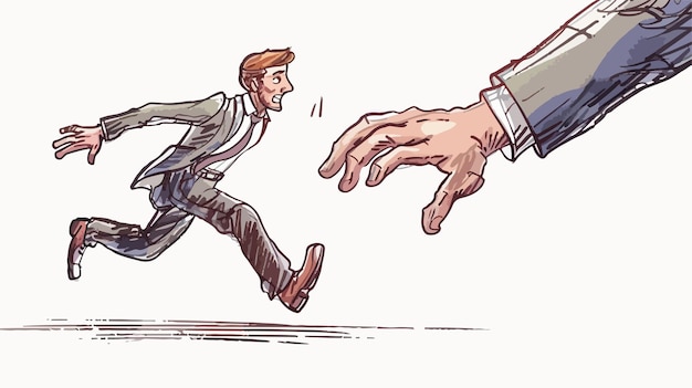 Vector funny image of businessman trying to run away from hand