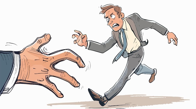 Vector funny image of businessman trying to run away from hand