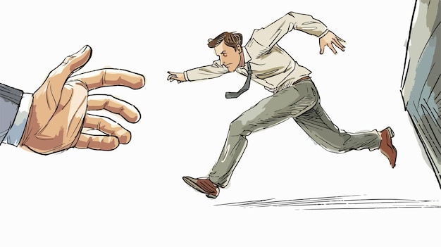 Vector funny image of businessman trying to run away from hand