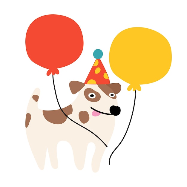 Funny Jack russell terrier with red and yellow balloons and wearing Party hat Vector flat illustrat