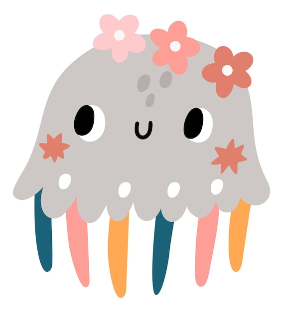 Funny jellyfish with cute flowers Kawaii underwater animal