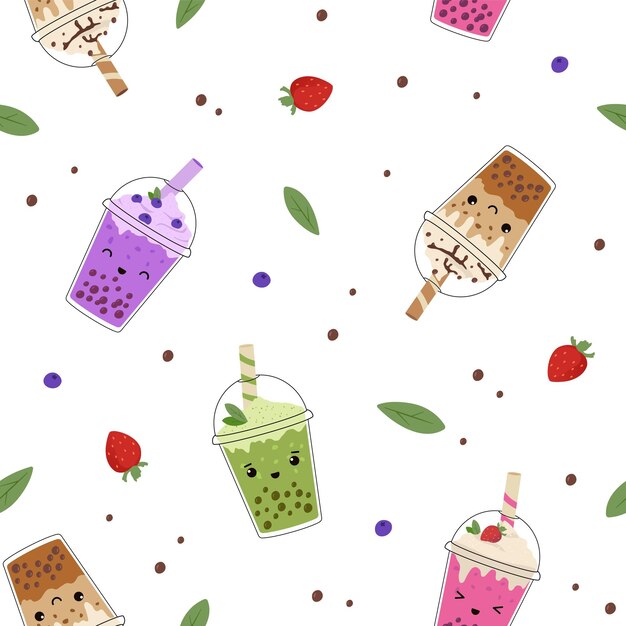 Funny kawaii bubble milk tea seamless pattern Taiwanese boba tea with tapioca balls