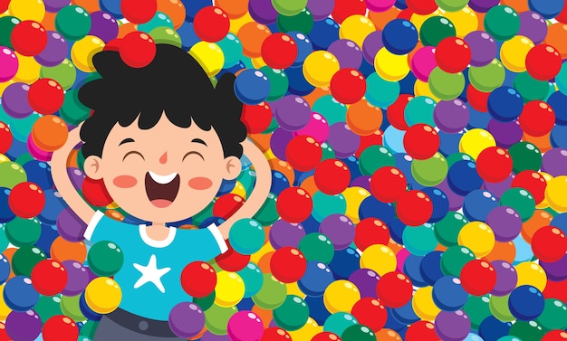 Vector funny kid playing with colorful balls