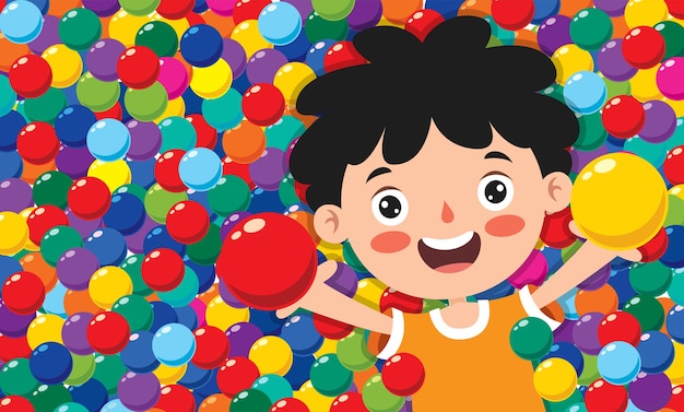 Vector funny kid playing with colorful balls