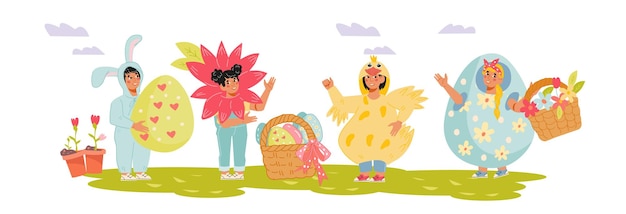 Funny kids in Easter costumes and chick flat vector illustration isolated