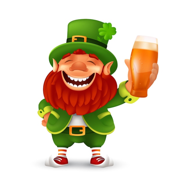 Funny laughing Leprechaun wearing cylinder with a shamrock flower and holding light beer glass mascot character illustration to Saint Patrick's Day celebrating isolated on a white background