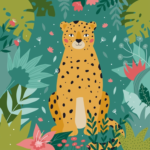 Funny leopard with tropical flowers and jungle plants