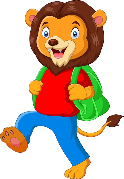 funny lion cartoon going to school