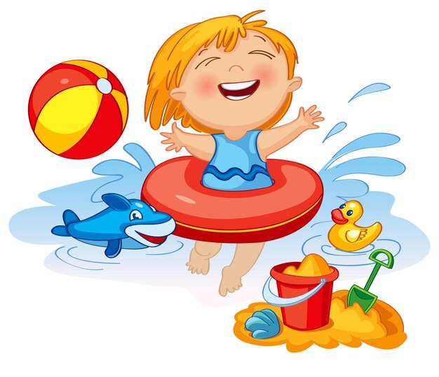 Vector funny little girl swims in a sea