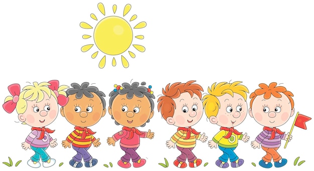 Vector funny little girls and boys campers walking on a sunny day of a fun vacation in a summer camp