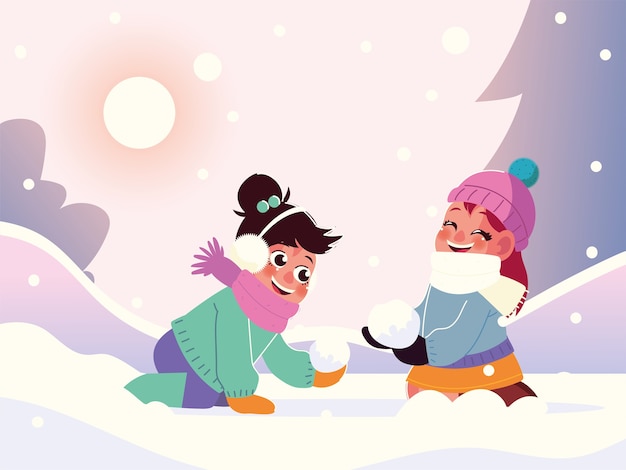 Funny little girls with warm clothes playing in the snow, winter scene illustration