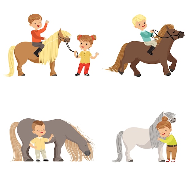 Funny little kids riding ponies and taking care of their horses set, equestrian sport,  Illustrations  on a white background