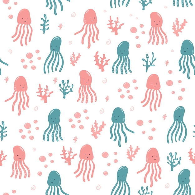 Funny little octopus with coral. Seamless pattern for textile