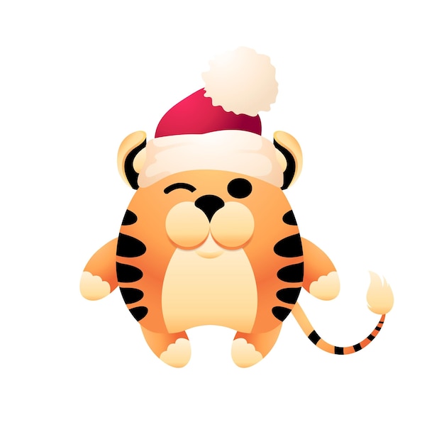 Funny little tiger symbol chinese year Cute tiger with christmas red hat Happy animal of lunar year