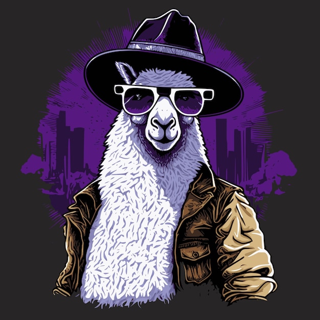 Funny macho llama in jacket sunglasses and hat Graffiti style printable design for tshirts mugs