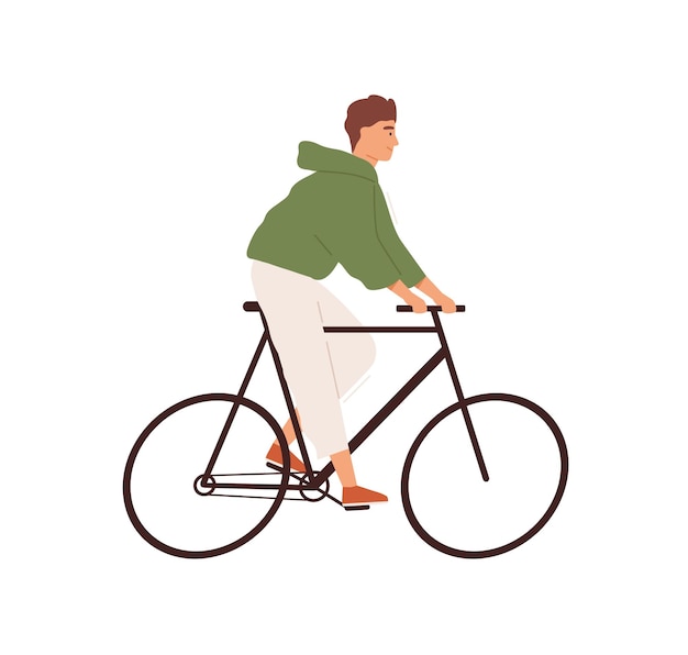 Funny man riding street bicycle vector flat illustration. Happy male ride on urban eco friendly personal transport isolated on white. Smiling guy cycling, enjoying outdoor activity.