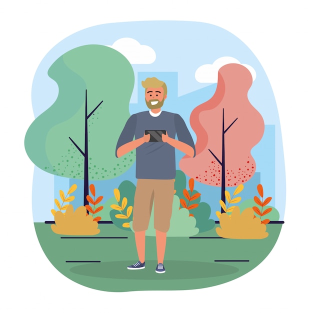 Funny man with smartphone technology and trees