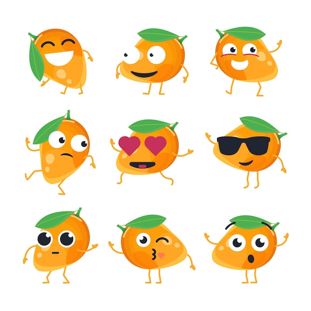 Funny mango - vector isolated cartoon emoticons. Funny emoji set with a nice character. A collection of a cheerful, surprised, happy, confused, kissing, crazy, laughing, sad fruit on white background