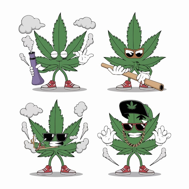 Funny Marijuana Leaf Cartoon Characters Raster Hand Drawn Collection Set Isolated On Transparent Ba