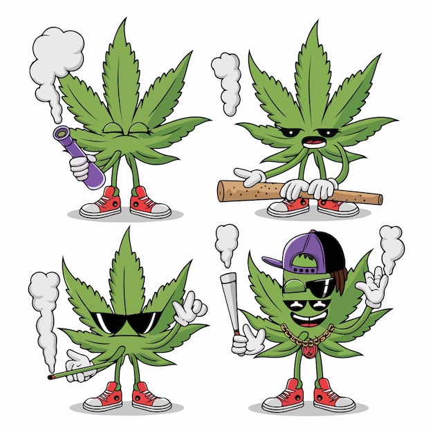 Vector funny marijuana leaf cartoon characters raster hand drawn collection set isolated on transparent ba