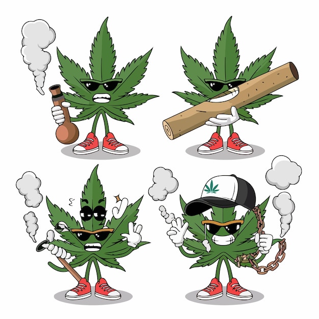 Vector funny marijuana leaf cartoon characters raster hand drawn collection set isolated on transparent ba