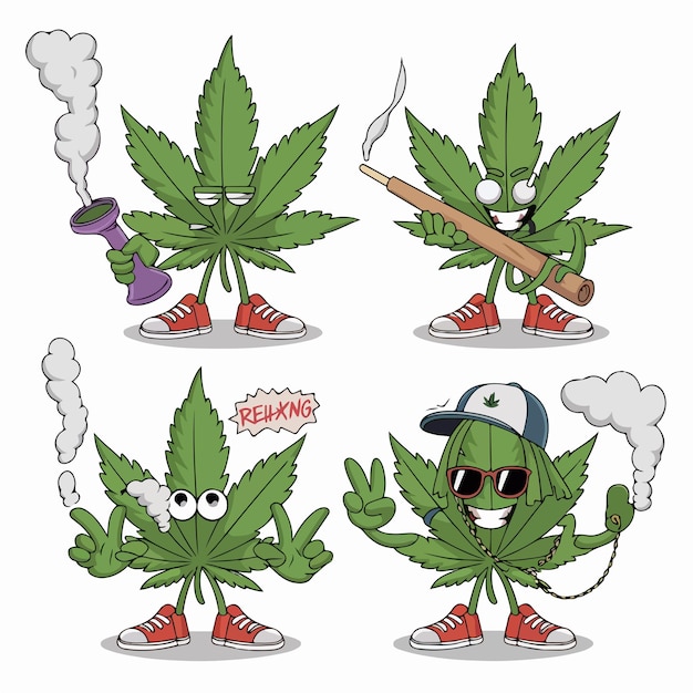 Vector funny marijuana leaf cartoon characters raster hand drawn collection set isolated on transparent ba