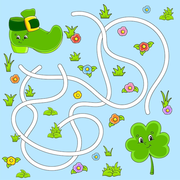 Funny maze for kids Puzzle for children cartoon character Labyrinth conundrum St Patrick's Day Color vector illustration Find the right path