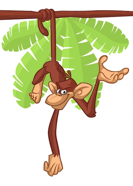 Funny monkey hanging down the tree cartoon illustration