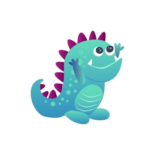 Funny monster. Cute blue dragon that looks like a dinosaur. Cartoon vector illustration. Isolated on white.