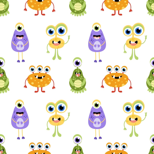 Funny monster seamless pattern Colorful monsters Flat cartoon vector