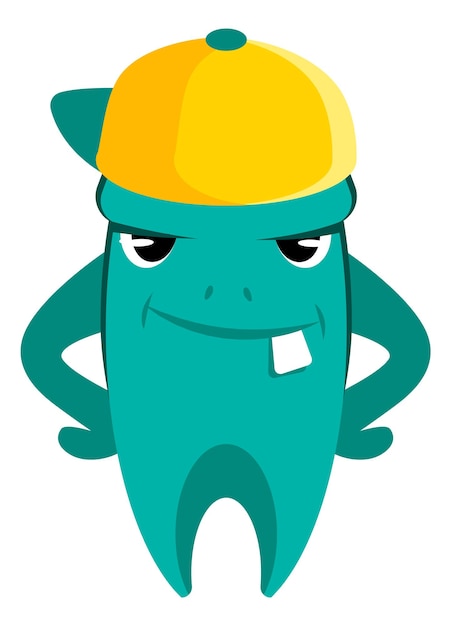 Funny monster in yellow cap. Little cartoon mascot