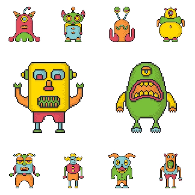 Funny monsters pixel art style vector icons set.