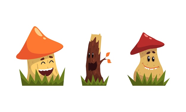 Funny mushroom and tree stump characters with smiling faces growing on grass vector set