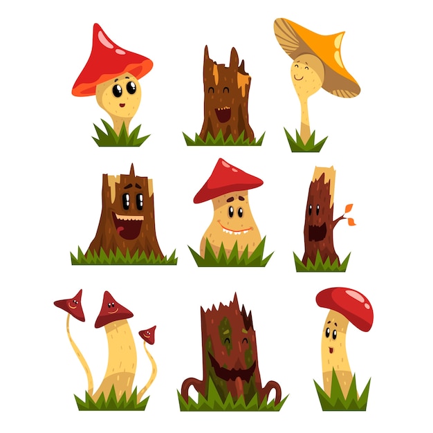 Funny mushrooms characters set