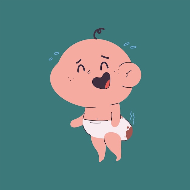 Funny newborn baby in dirty diaper vector cartoon character isolated on background