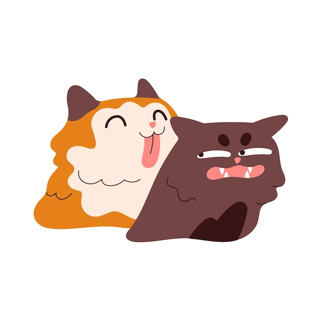 Funny nice friendly cat licking flirting disturbing bothering annoyed pet Cute kitties couple with different emotions Amusing feline friends Flat vector illustration isolated on white background