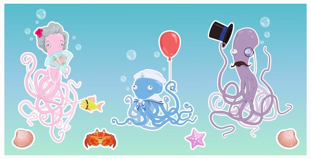 Vector funny octopus family in the ocean vector illustration