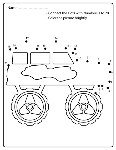 Funny Off Road of Monster Truck Dot To Dot Coloring Pages Worksheets for Toddler