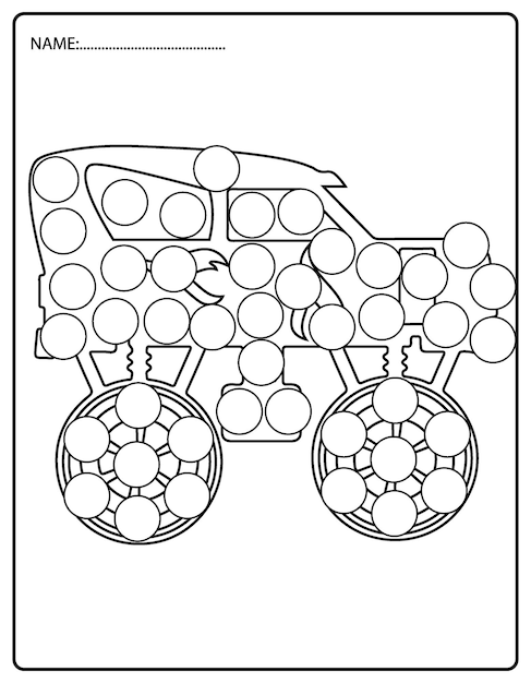 Funny Off Road of Monster Truck Dot Marker Coloring Pages Worksheets for Toddler