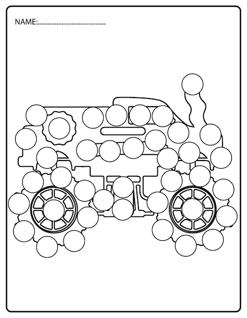 Funny Off Road of Monster Truck Dot Marker Coloring Pages Worksheets for Toddler