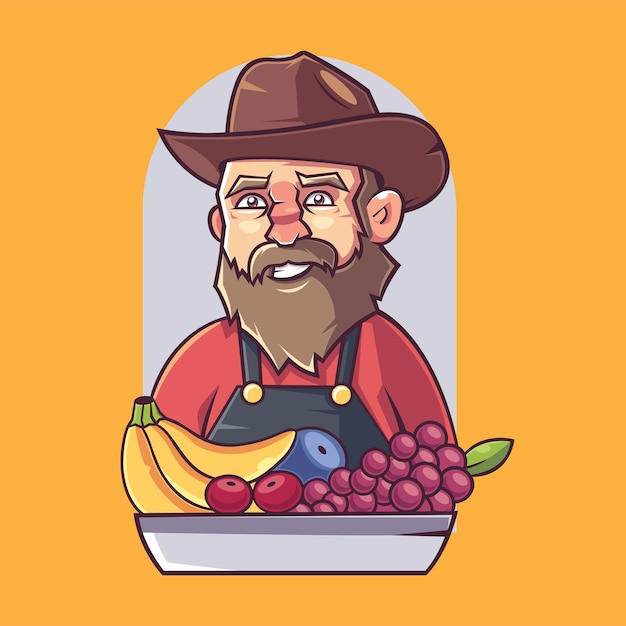 Funny Old Man Fruit Farmer Mascot Illustation