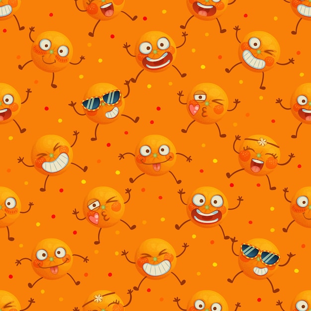 Vector funny oranges seamless vector pattern cute orange characters cartoon illustration happy smiling