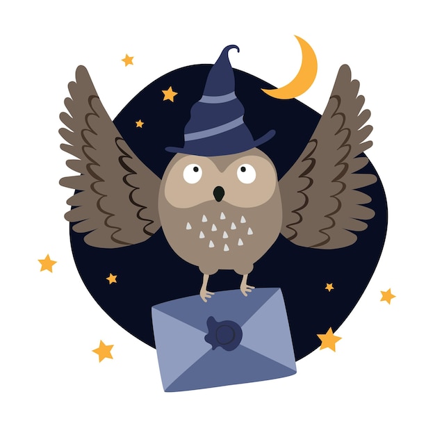 Funny owl in a magic hat fly with a letter. Owl post. Helloween scene Vector hand drawn illustration