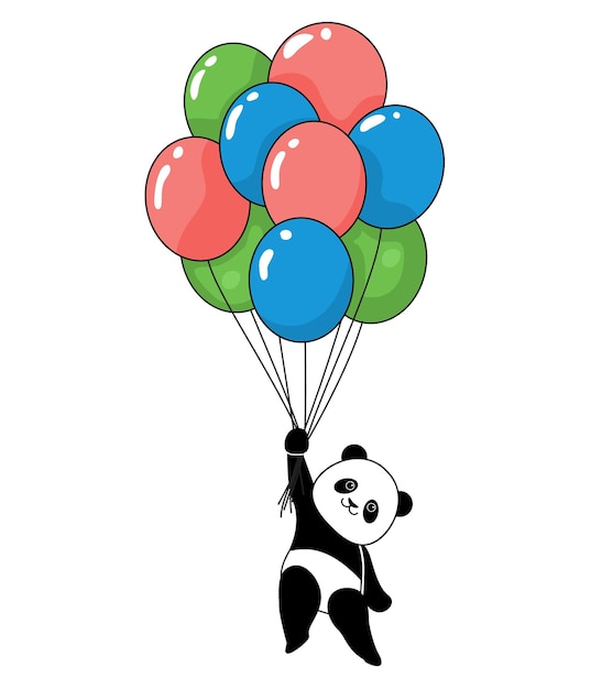 Funny panda with balloons flying. Design element for baby shower card, scrapbook, invitation, baby goods and childish accessories. Isolated on white background. Vector illustration.